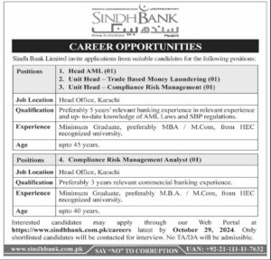 Latest Job at Sindh Bank Job Openings in Karachi.2024: Advertisement