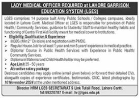 Lahore Garrison Education System Job (LGES) - October 2024: Advertisement