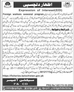 Latest Job Fisheries Department Consultant Quetta 2024: Advertisement