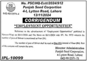 Corrigendum to Employment Job Opportunities Advertisement