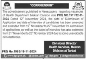 Mekran Jobs Health Department: Revised Deadlines Applications: advertisement 