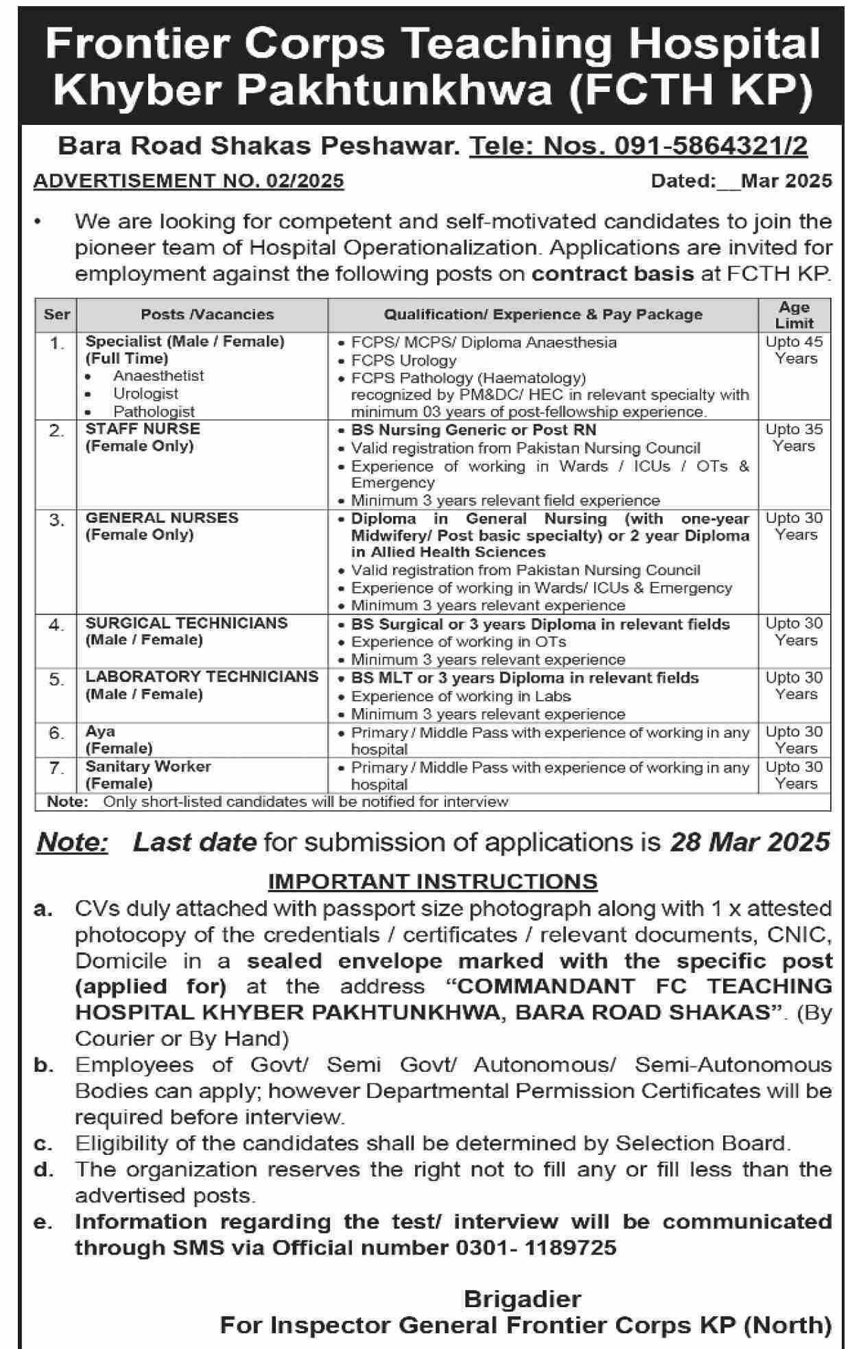 Latest Frontier Corps Hospital Medical Jobs: advertisement