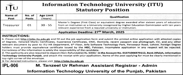 Latest Jobs Information Technology University ITU Education 2025:advertisement 