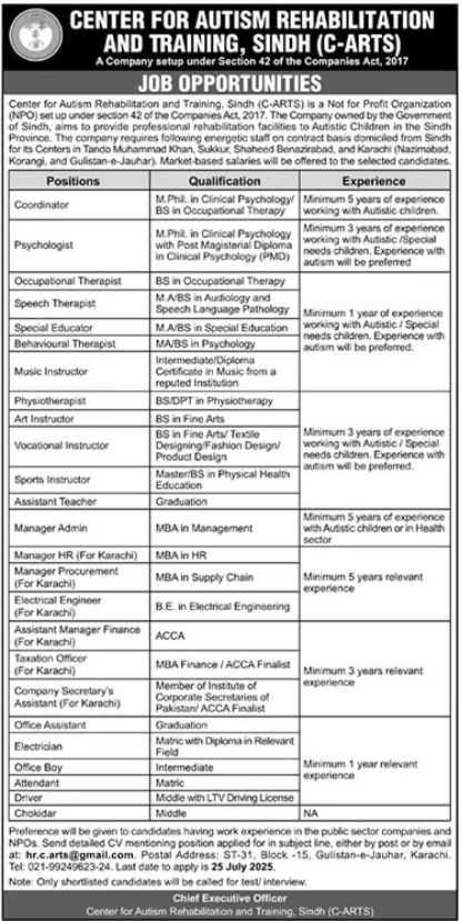 Jobs Center for Autism Rehabilitation & Training Sindh C-ARTS: Advertisement